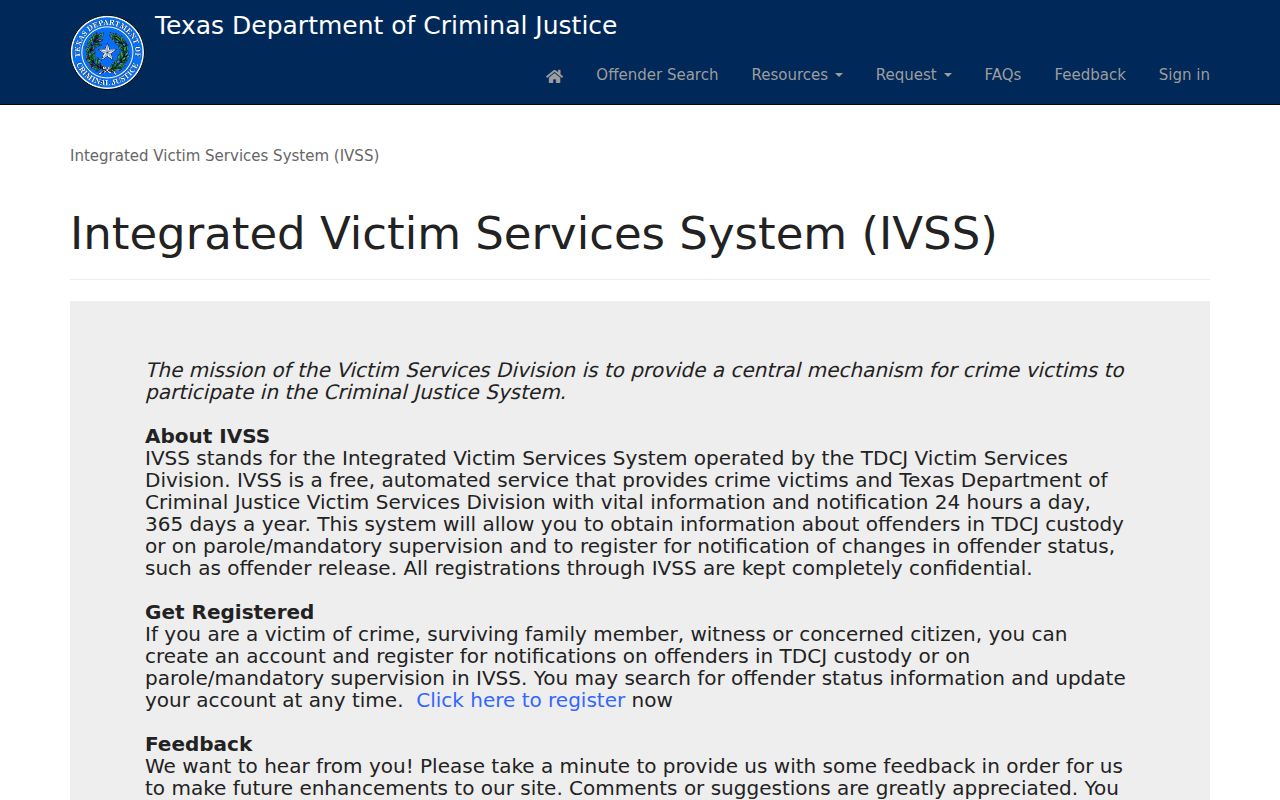Texas arrest custody IVSS notifications