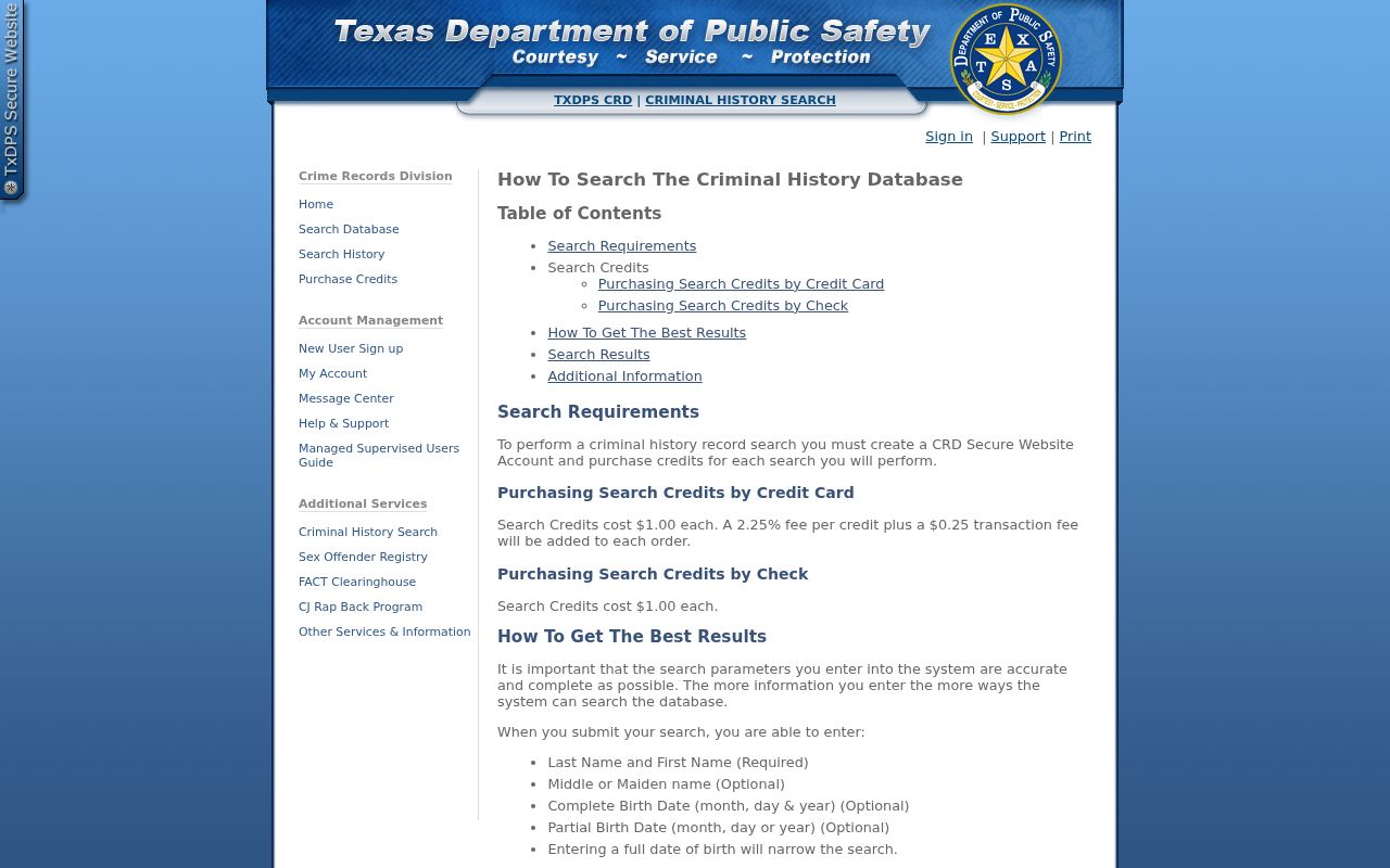 Texas DPS criminal history search instructions and fees