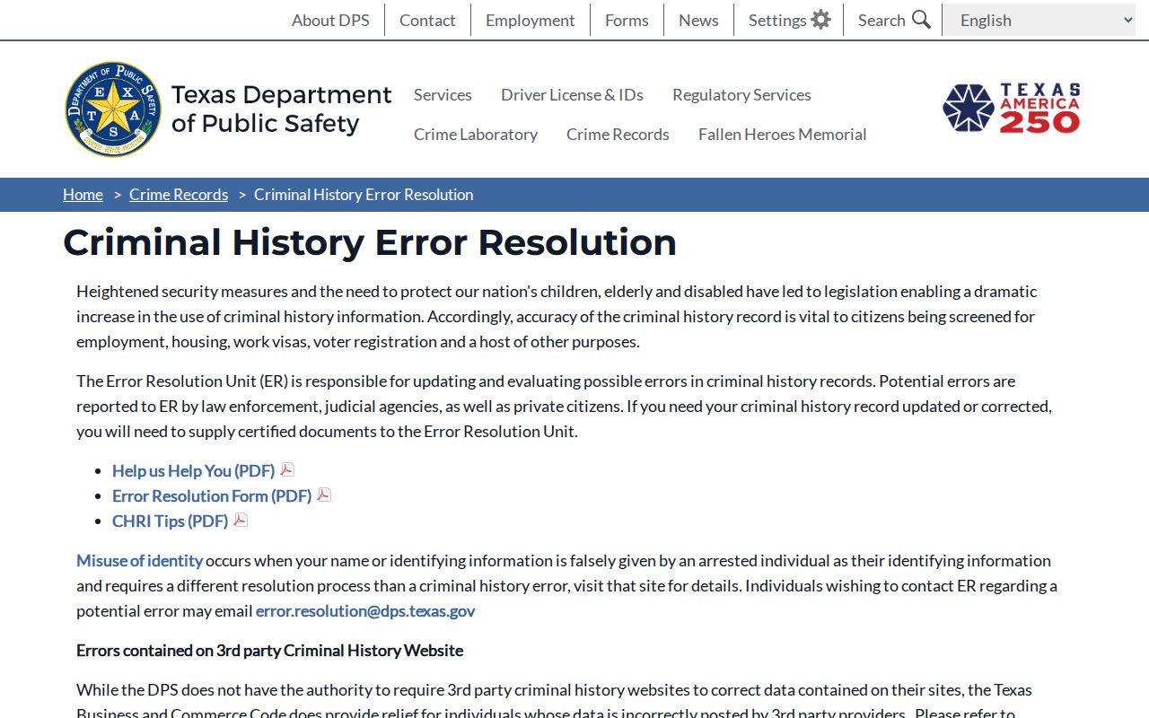 Texas DPS criminal history error resolution instructions