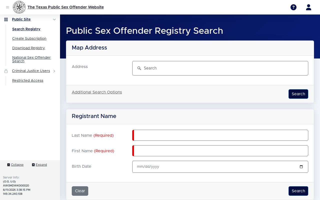 Texas sex offender lookup search form