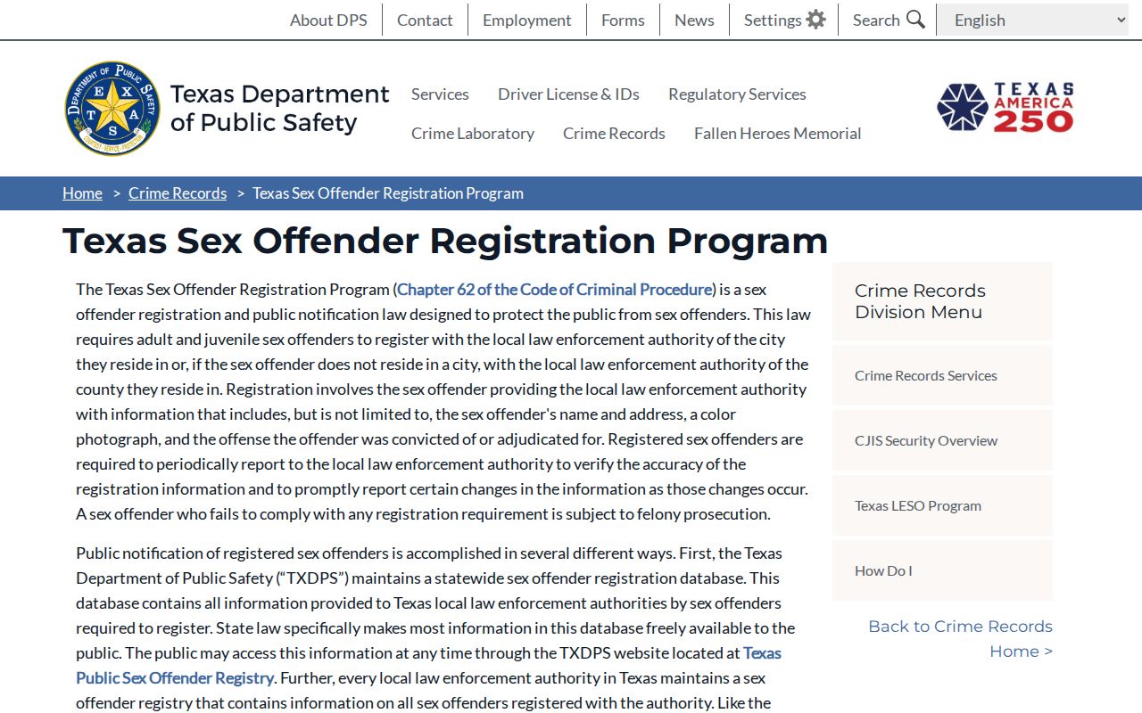 Texas sex offender registration program information