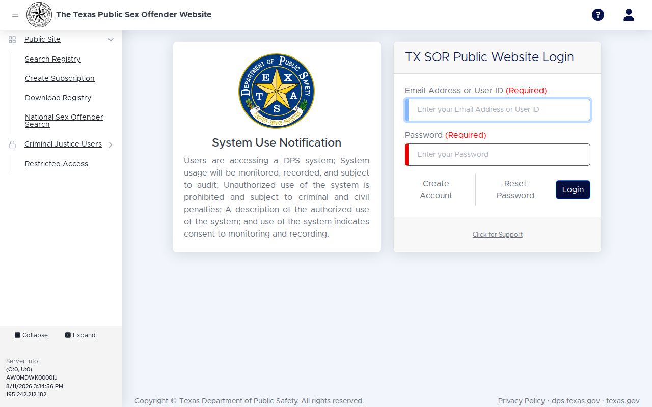 Texas sex offender Texas registry alert subscription screen